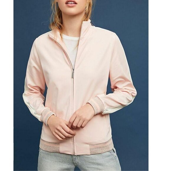Anthropologie Bomber Track Jacket Womens Pink Full Zip Stretch Stripe Sleeve - Picture 2 of 7